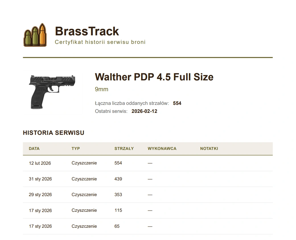 Certyfikat historii serwisu PDF